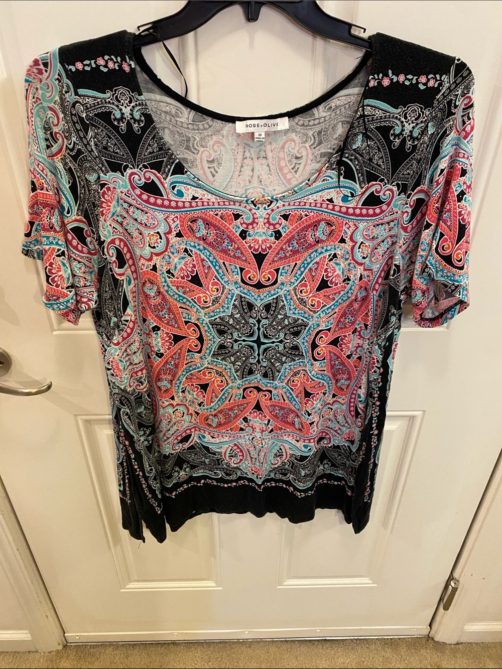 Rose & Olive Black Paisley Tunic with Coral and Turquoise Accents